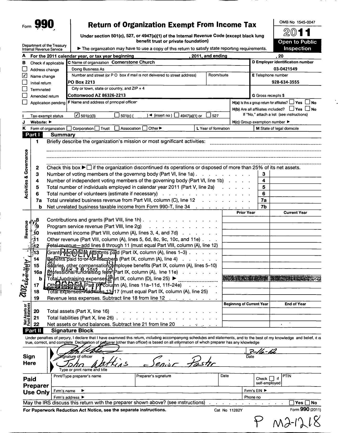 Image of first page of 2011 Form 990 for Cornerstone Church - 10419