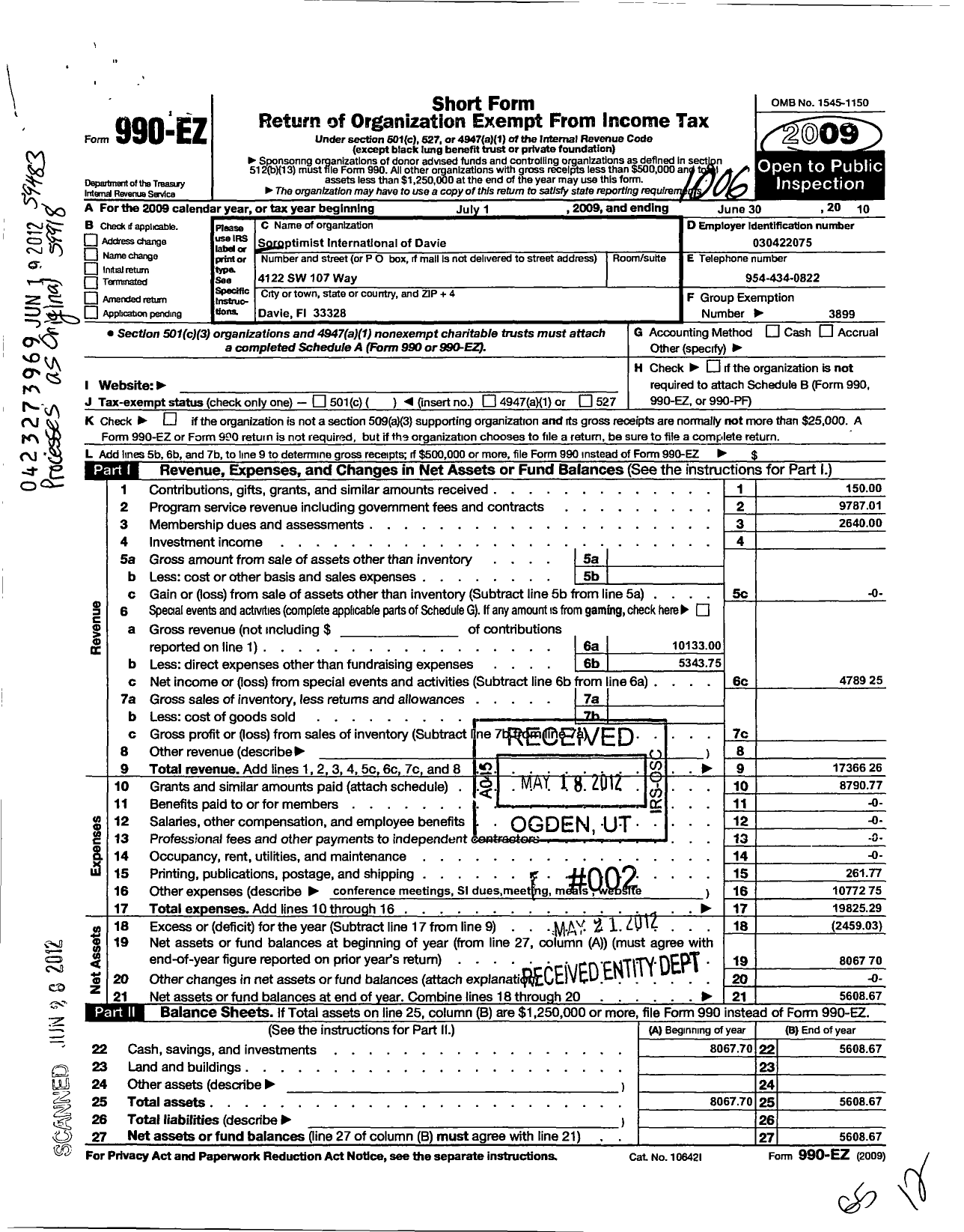 Image of first page of 2009 Form 990EO for Soroptimist International of the Americas - 104409 Davie FL