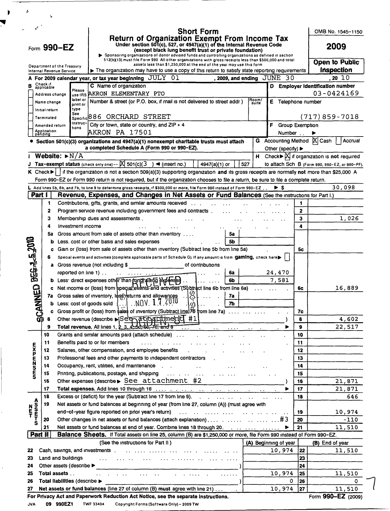 Image of first page of 2009 Form 990EZ for Akron Elementary Pto