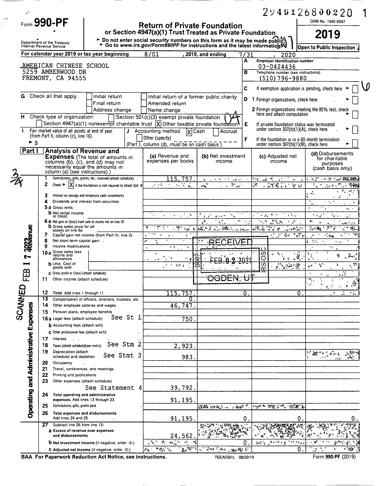 Image of first page of 2019 Form 990PF for American Chinese School