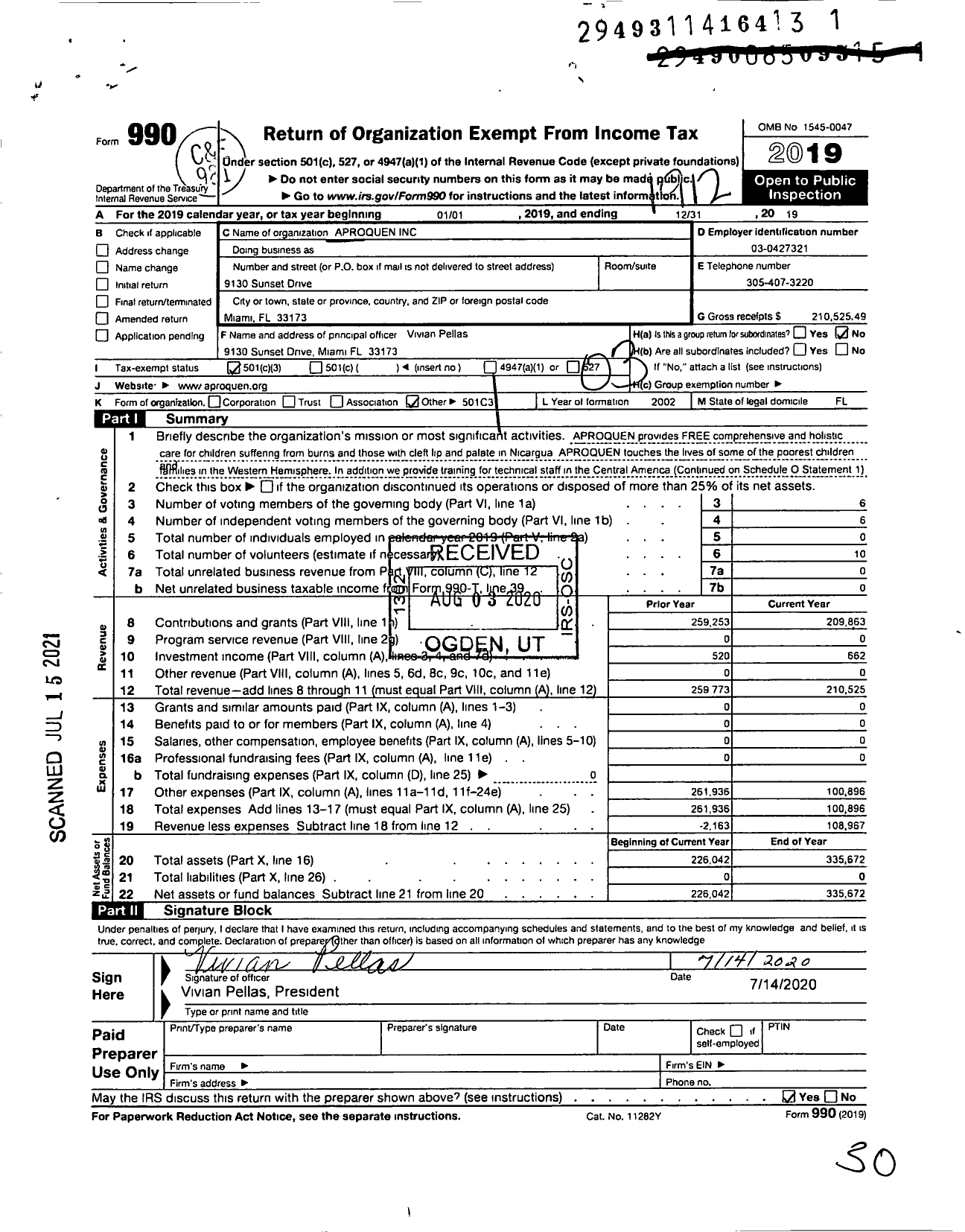 Image of first page of 2019 Form 990 for Aproquen