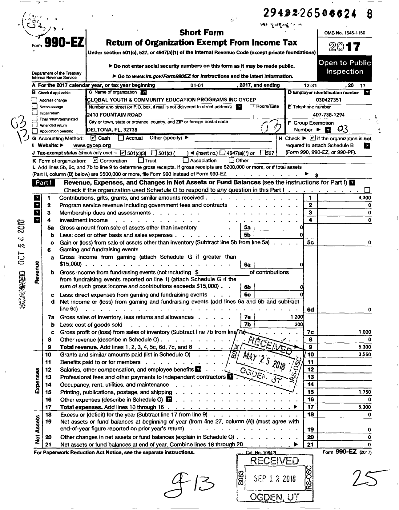 Image of first page of 2017 Form 990EZ for Global Youth and Community Education Programs Gycep