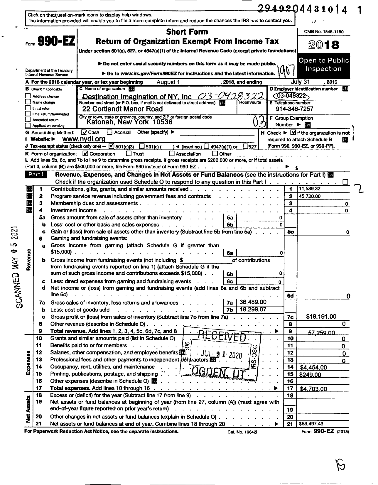 Image of first page of 2018 Form 990EZ for Destination Imagination