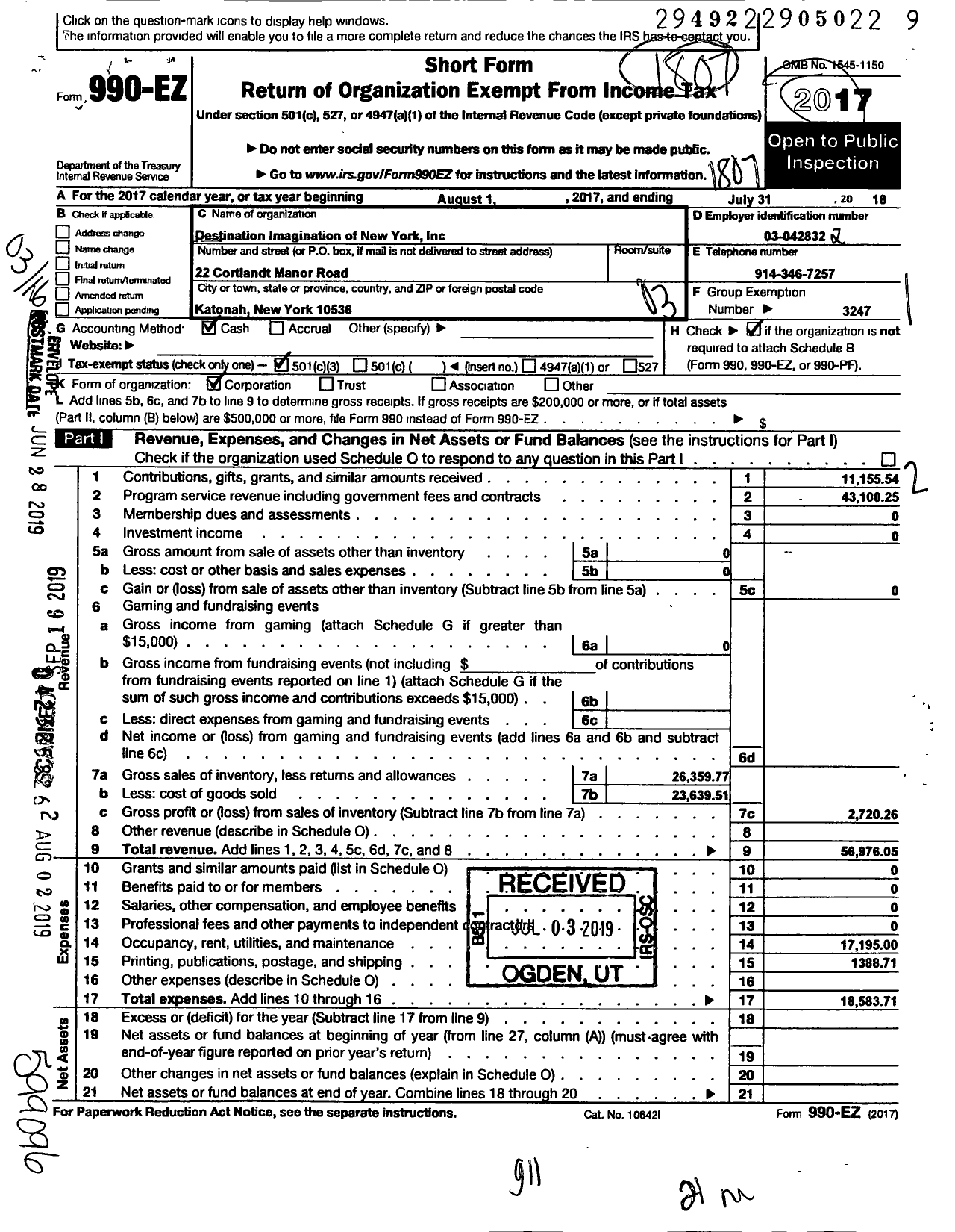 Image of first page of 2017 Form 990EZ for Destination Imagination