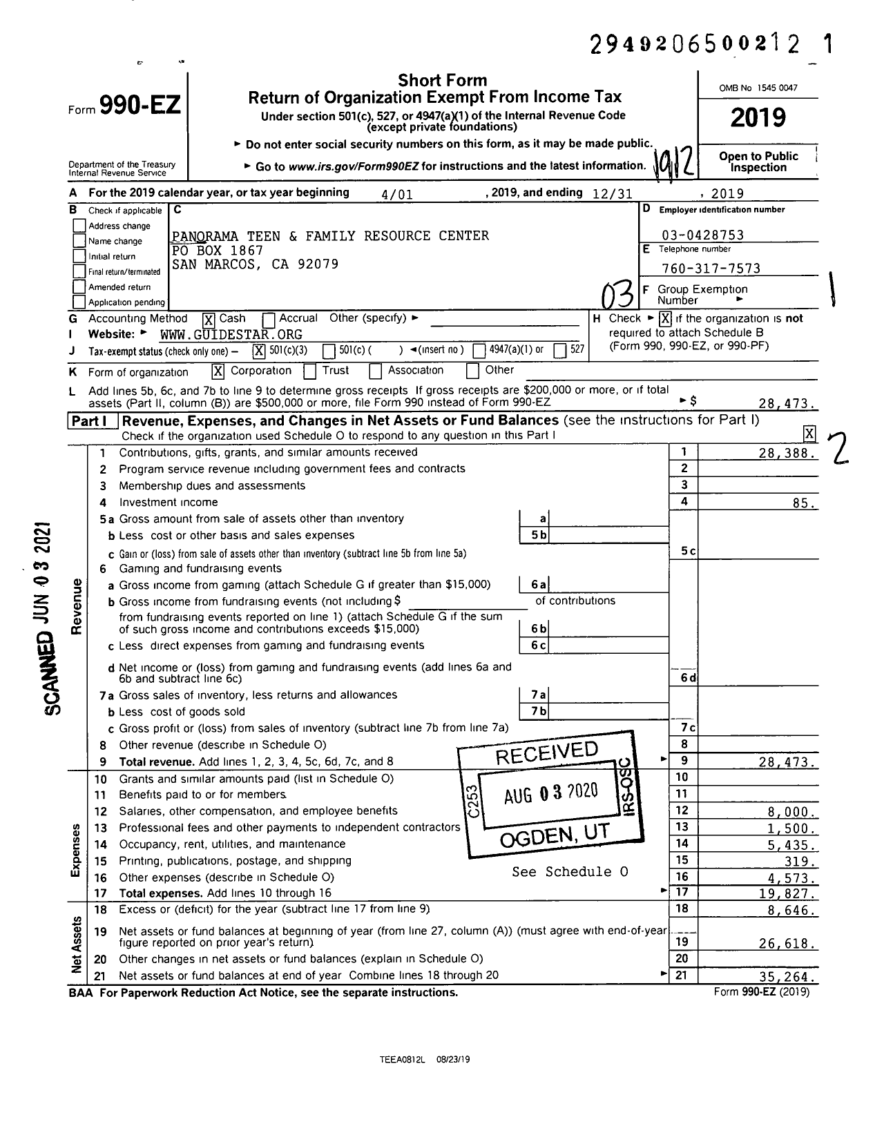 Image of first page of 2019 Form 990EZ for Panorama Teen and Family Resource Center