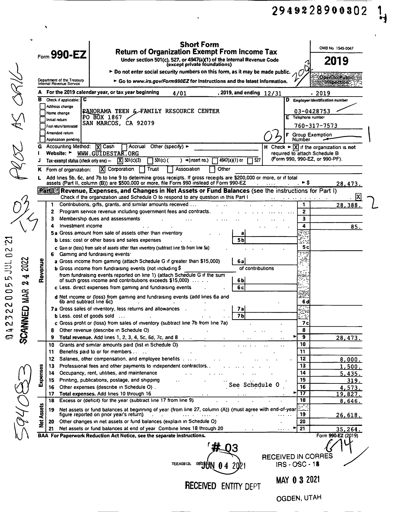 Image of first page of 2019 Form 990EZ for Panorama Teen and Family Resource Center