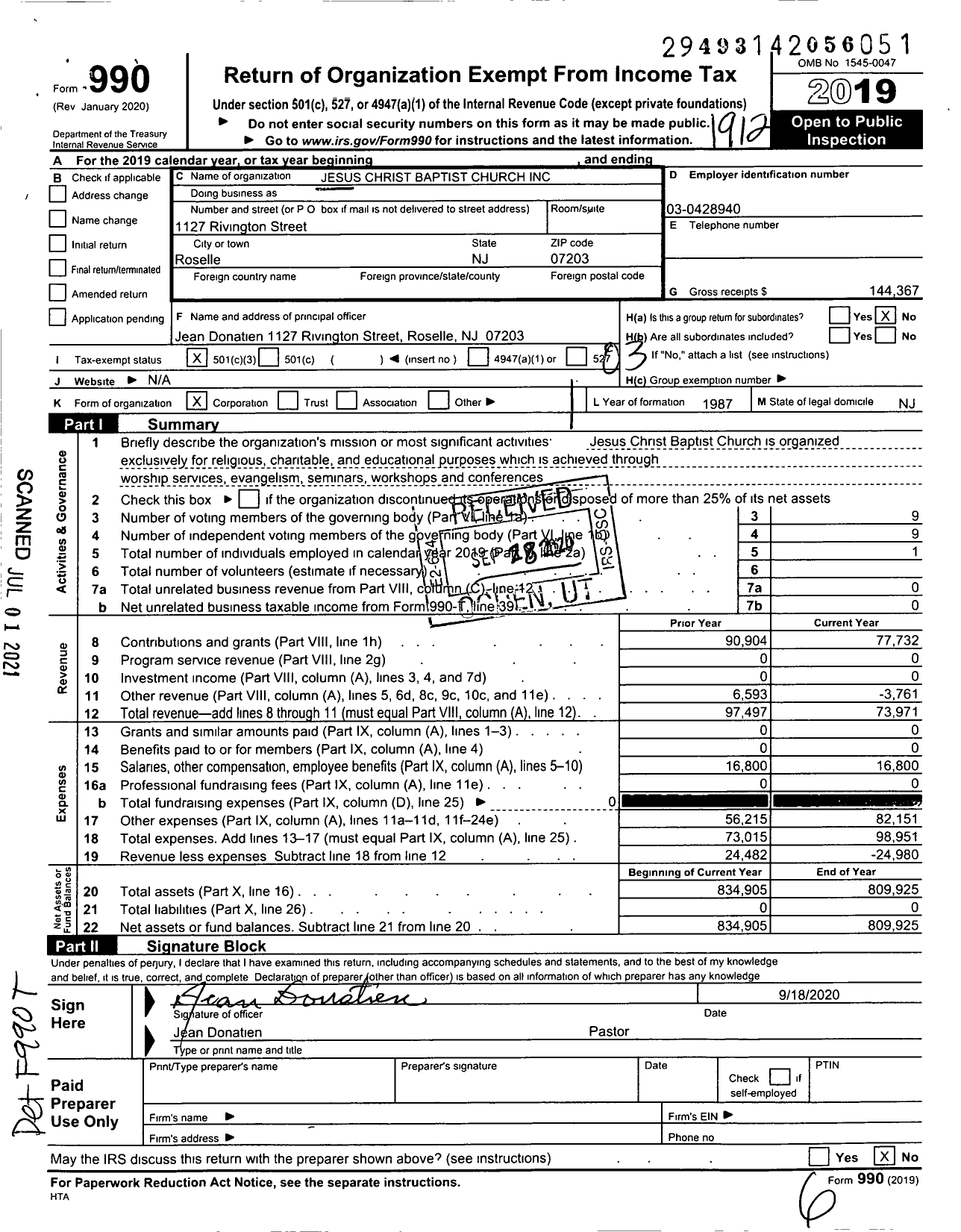 Image of first page of 2019 Form 990 for Jesus Christ Baptist Church