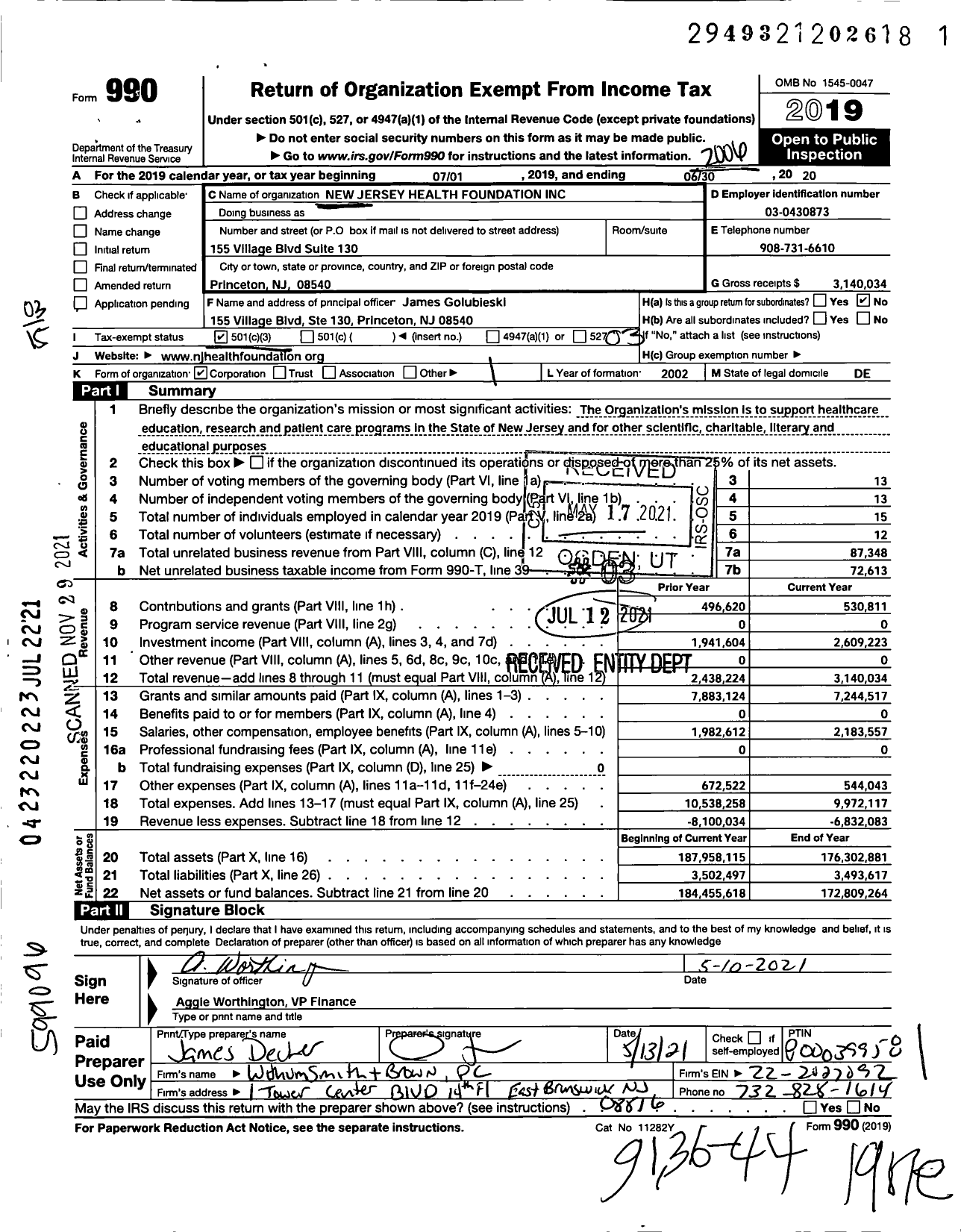 Image of first page of 2019 Form 990 for New Jersey Health Foundation