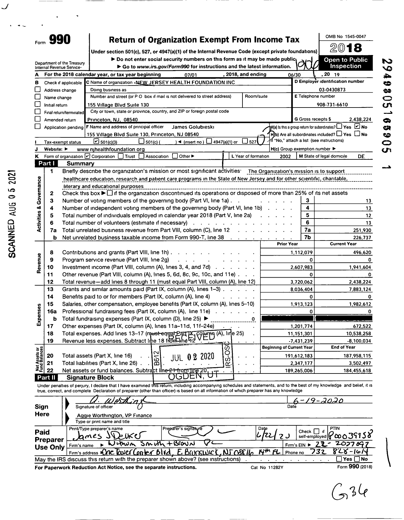 Image of first page of 2018 Form 990 for New Jersey Health Foundation