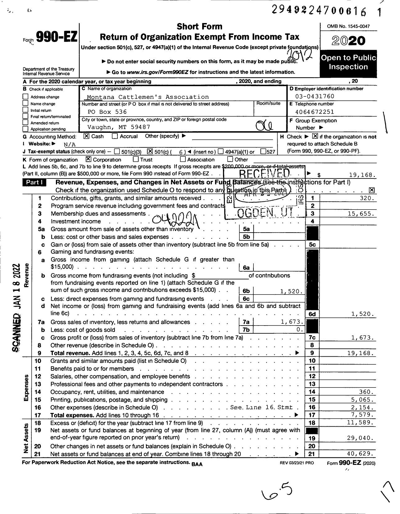 Image of first page of 2020 Form 990EO for Montana Cattlemens Association