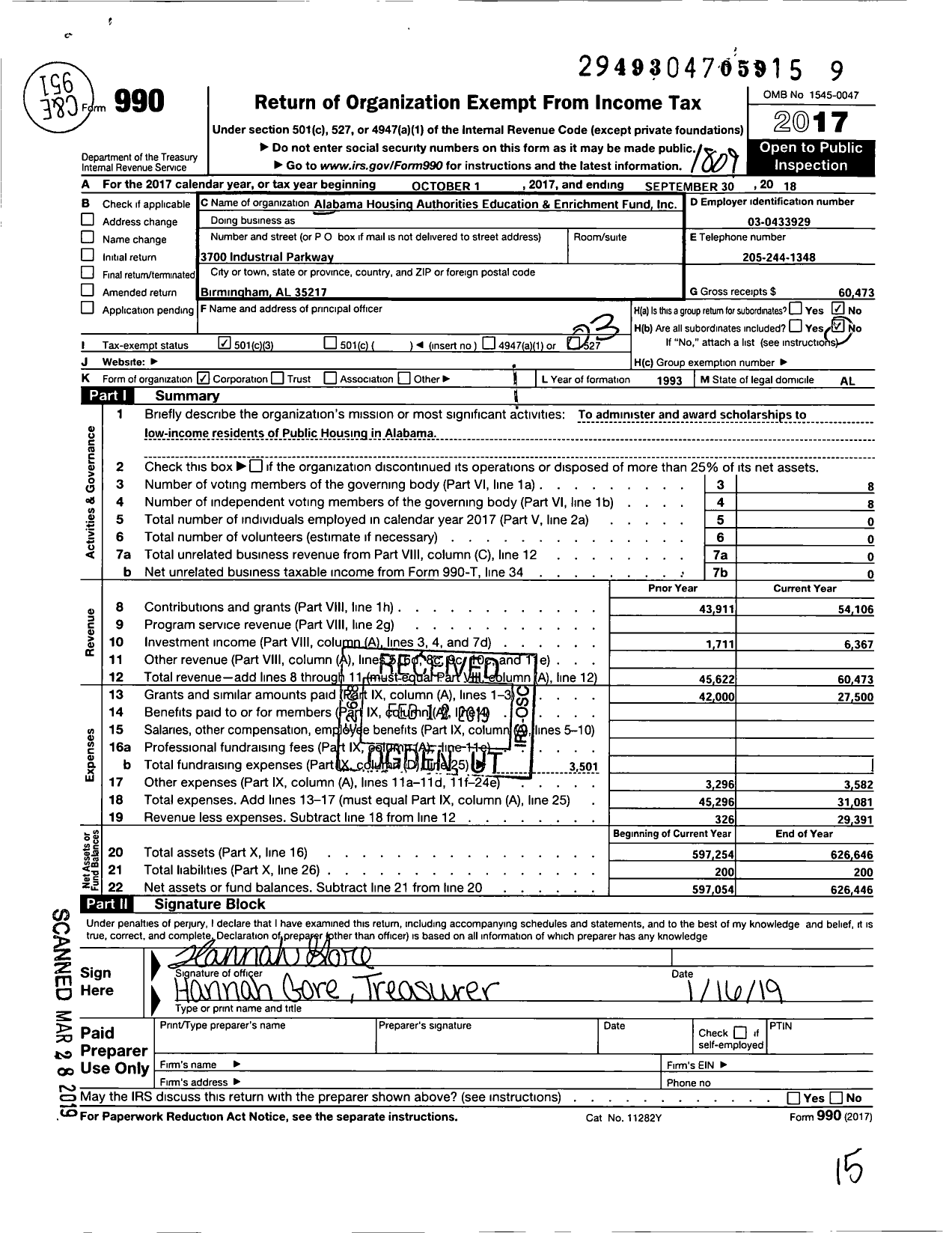 Image of first page of 2017 Form 990 for Alabama Housing Authorities Education and Enrichment Fund