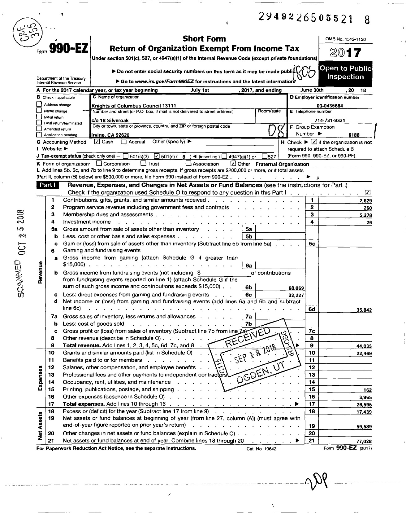 Image of first page of 2017 Form 990EO for Knights of Columbus - 13111 Monsignor Timothy J Doyle Cou