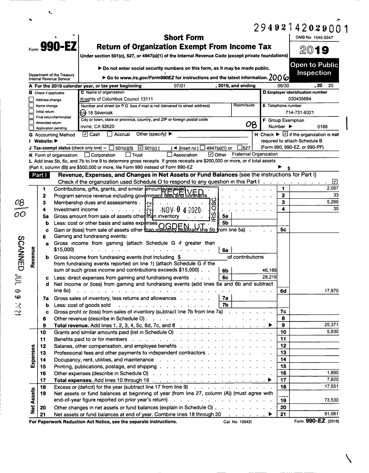 Image of first page of 2019 Form 990EO for Knights of Columbus - 13111 Monsignor Timothy J Doyle Cou