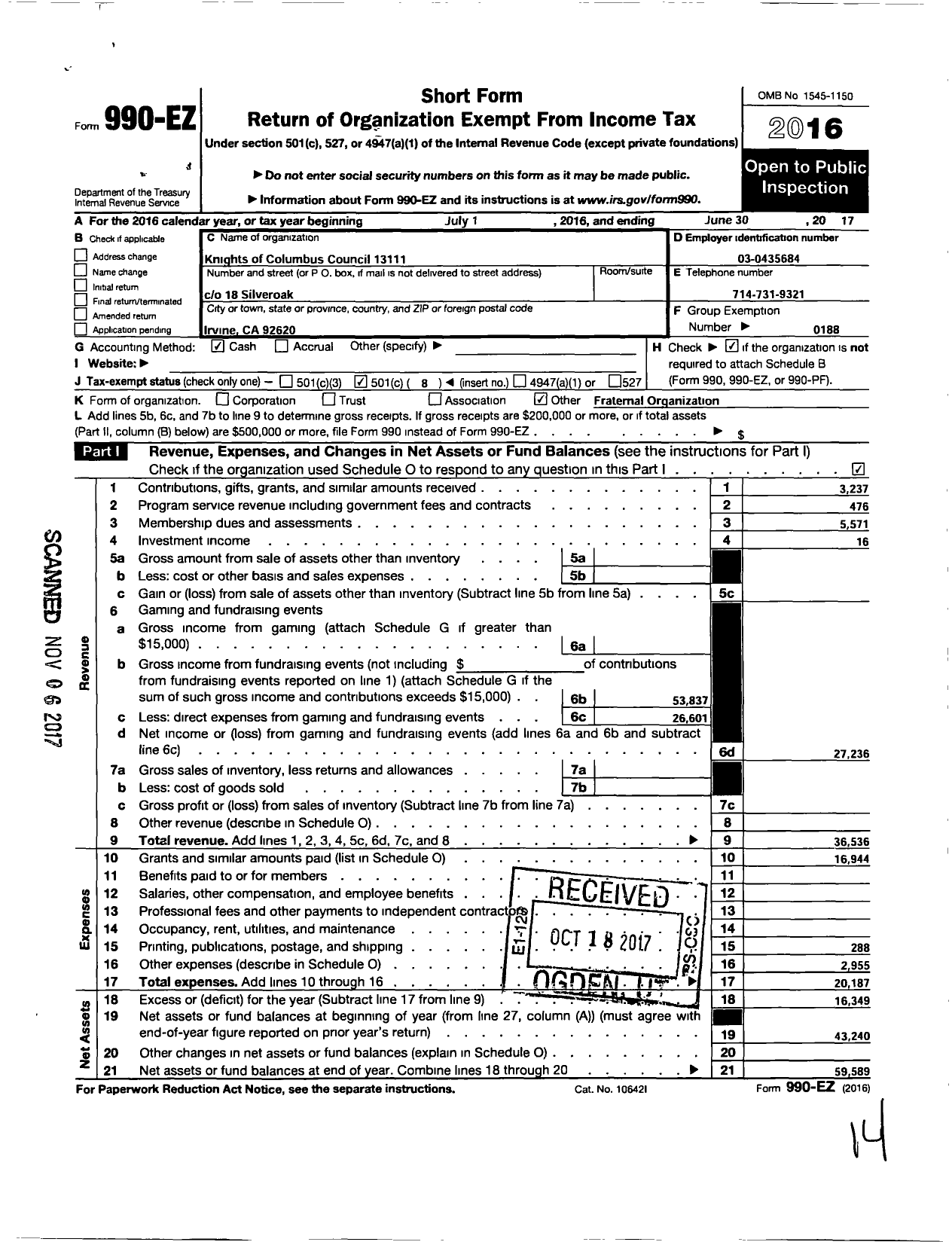 Image of first page of 2016 Form 990EO for Knights of Columbus - 13111 Monsignor Timothy J Doyle Cou