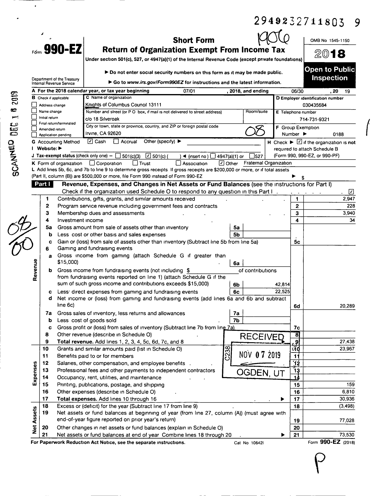 Image of first page of 2018 Form 990EO for Knights of Columbus - 13111 Monsignor Timothy J Doyle Cou