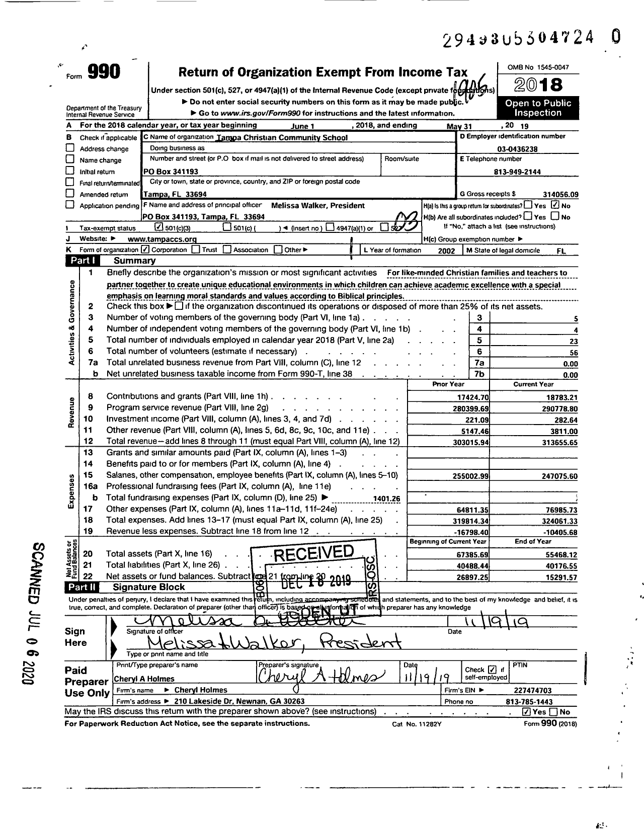 Image of first page of 2018 Form 990 for Tampa Christian Community School