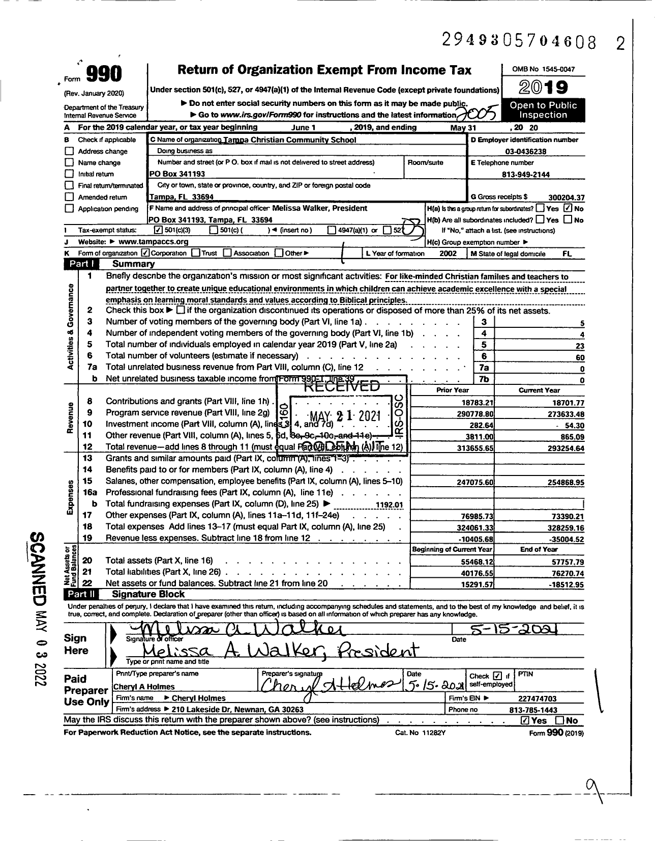 Image of first page of 2019 Form 990 for Tampa Christian Community School