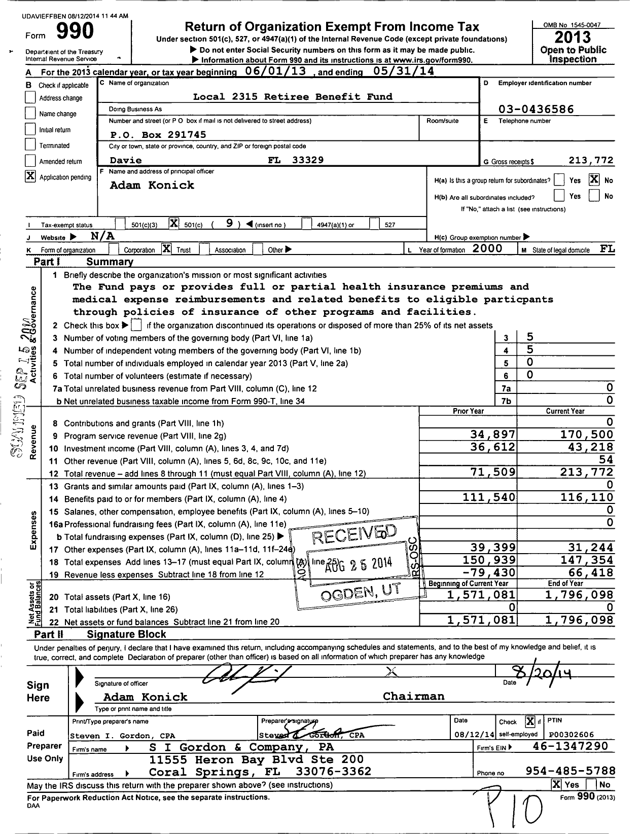 Image of first page of 2013 Form 990O for Local 2315 Retiree Benefit Fund