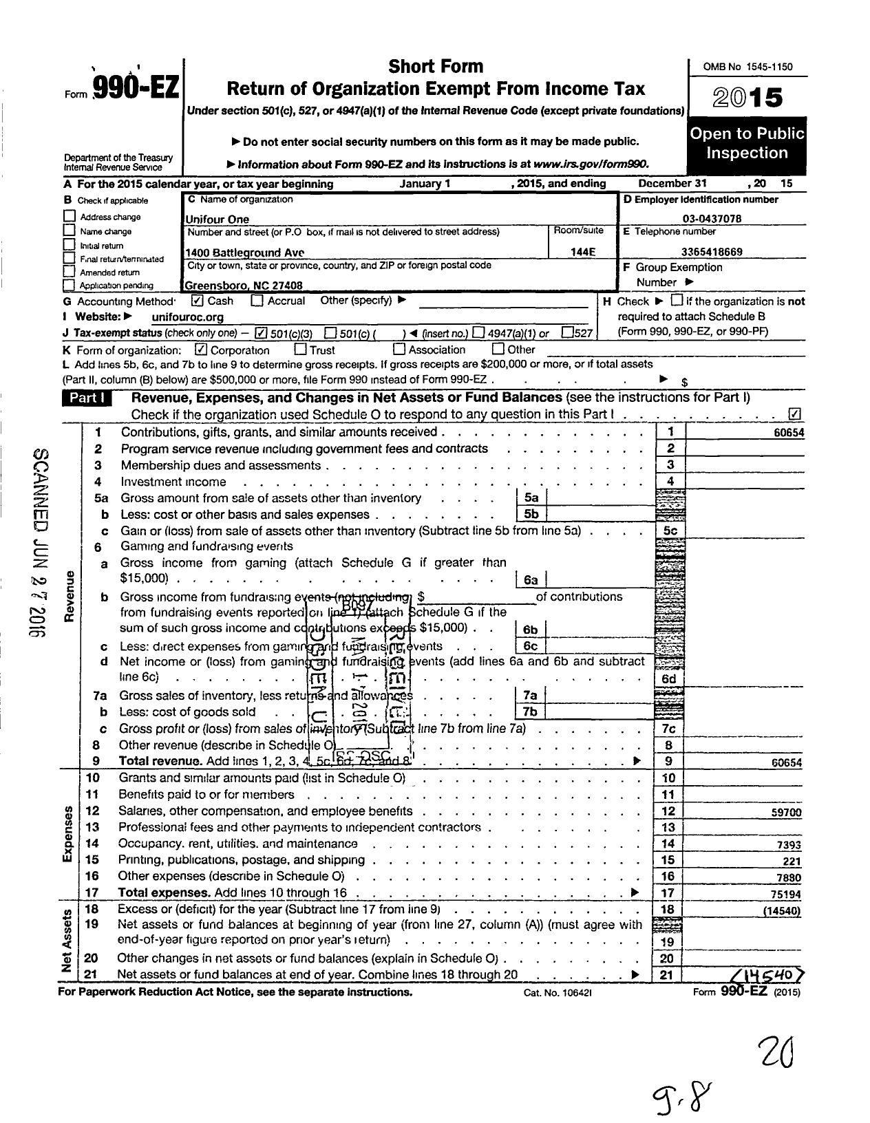 Image of first page of 2015 Form 990EZ for Unifour One