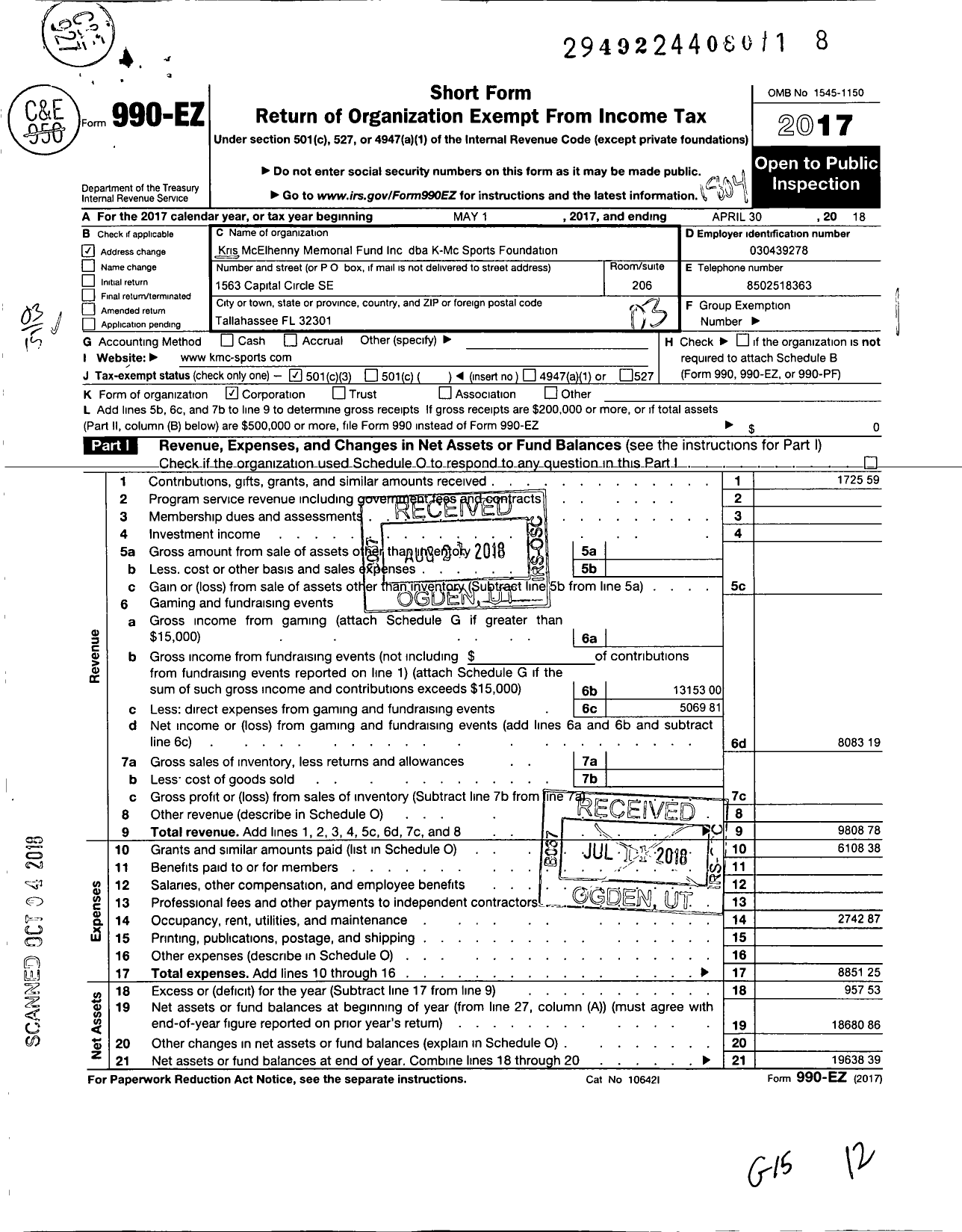 Image of first page of 2017 Form 990EZ for Kris Mcelhenny Memorial Fund