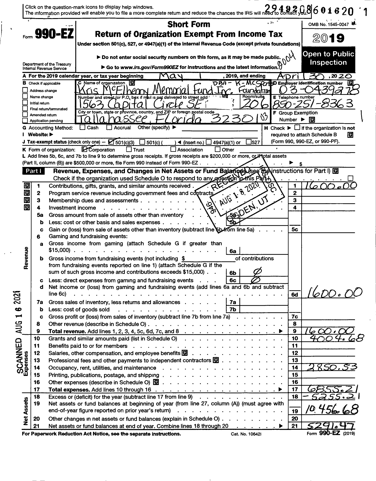 Image of first page of 2019 Form 990EZ for Kris Mcelhenny Memorial Fund