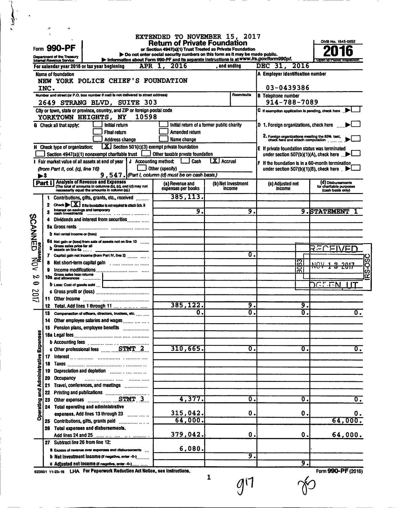 Image of first page of 2016 Form 990PF for New York Police Chiefs' Foundation