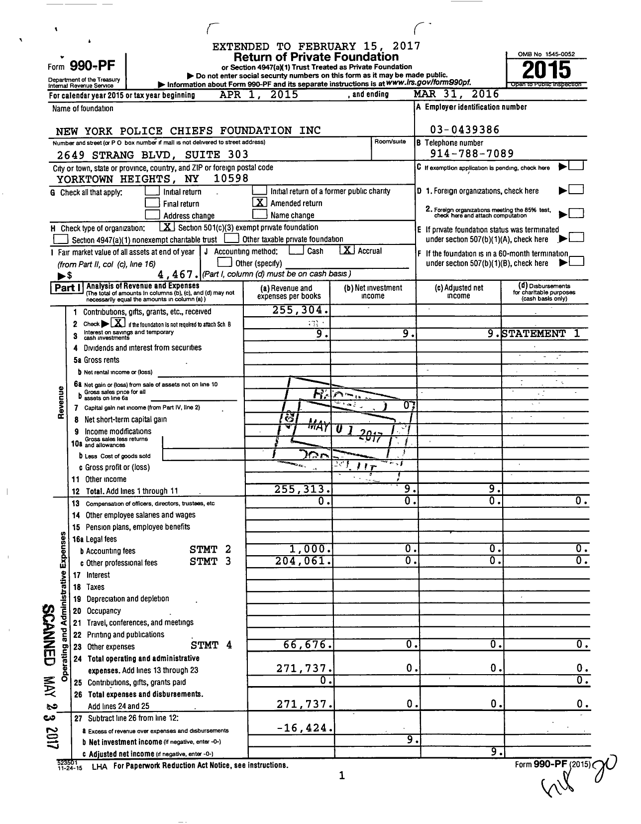 Image of first page of 2015 Form 990PF for New York Police Chiefs' Foundation