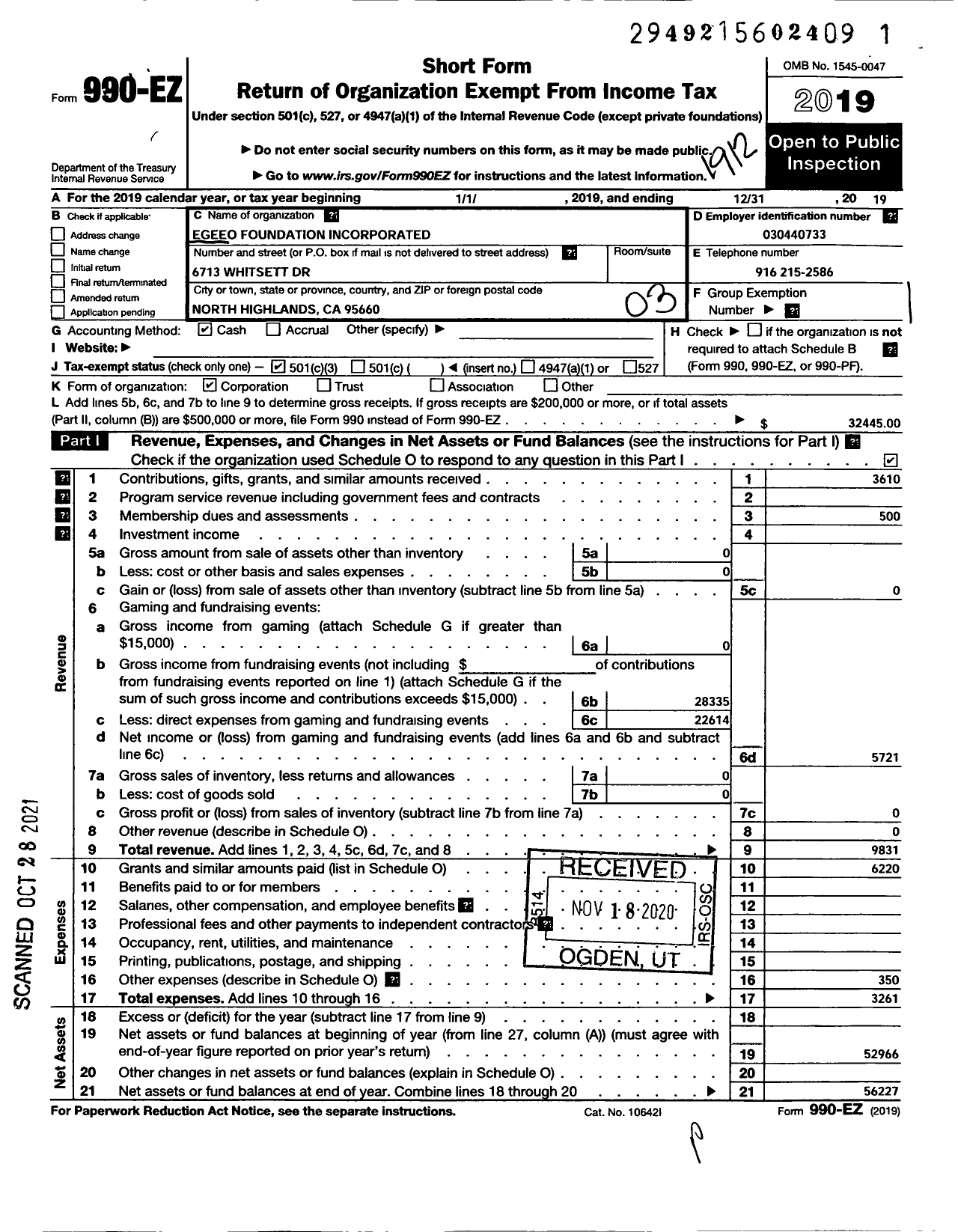 Image of first page of 2019 Form 990EZ for EGEEO Foundation Incorporated