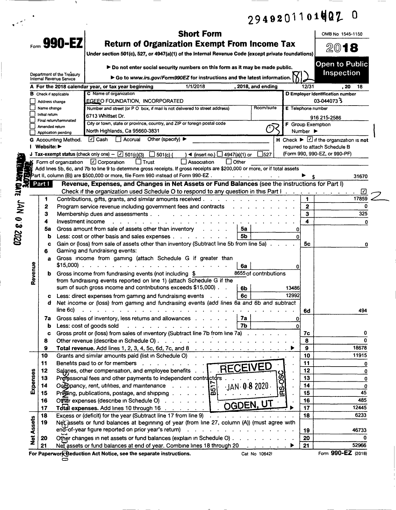 Image of first page of 2018 Form 990EZ for EGEEO Foundation Incorporated