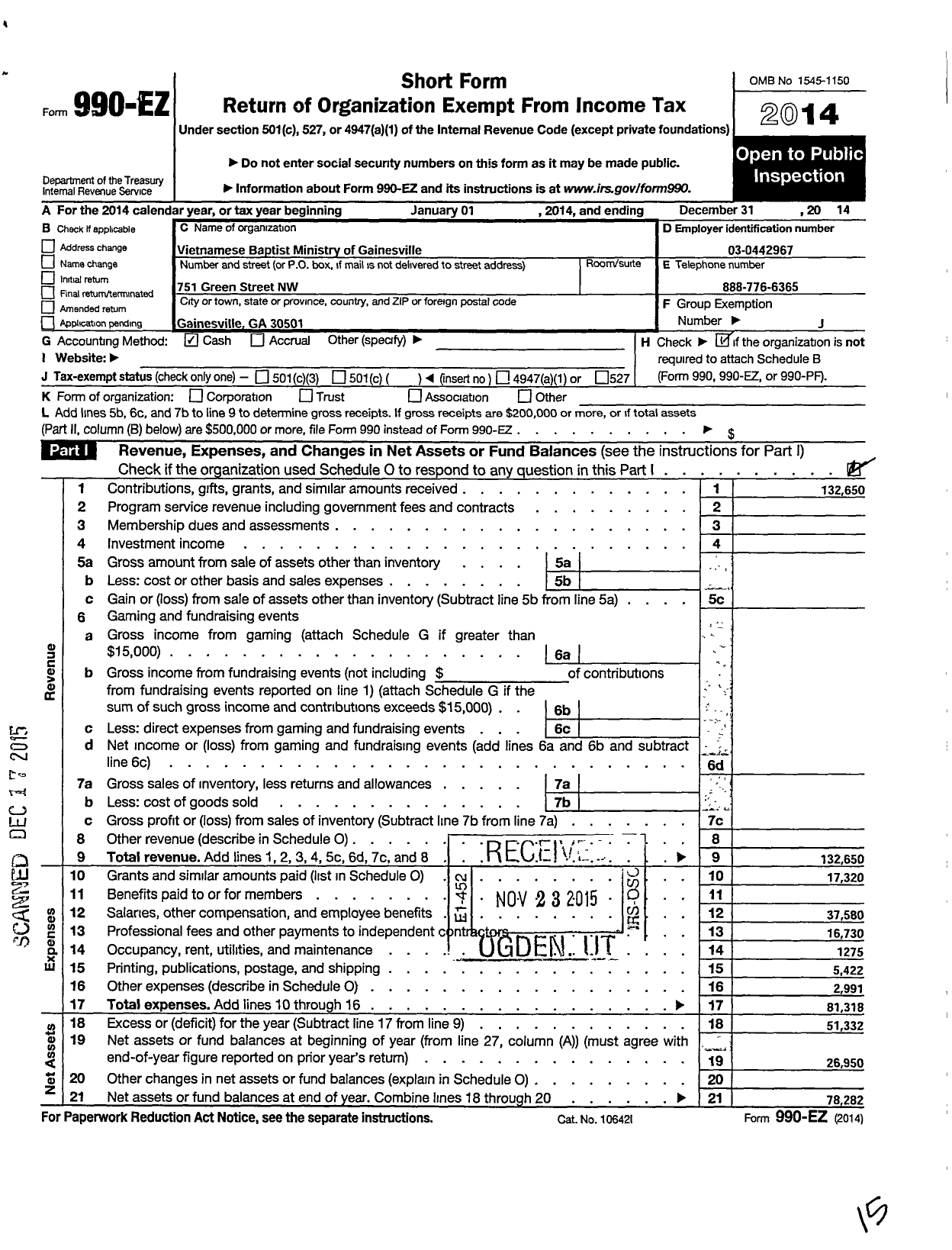 Image of first page of 2014 Form 990EO for Vietnamese Baptist Ministry of Gainesville