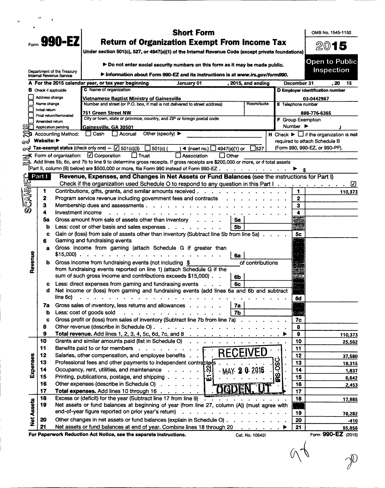 Image of first page of 2015 Form 990EZ for Vietnamese Baptist Ministry of Gainesville