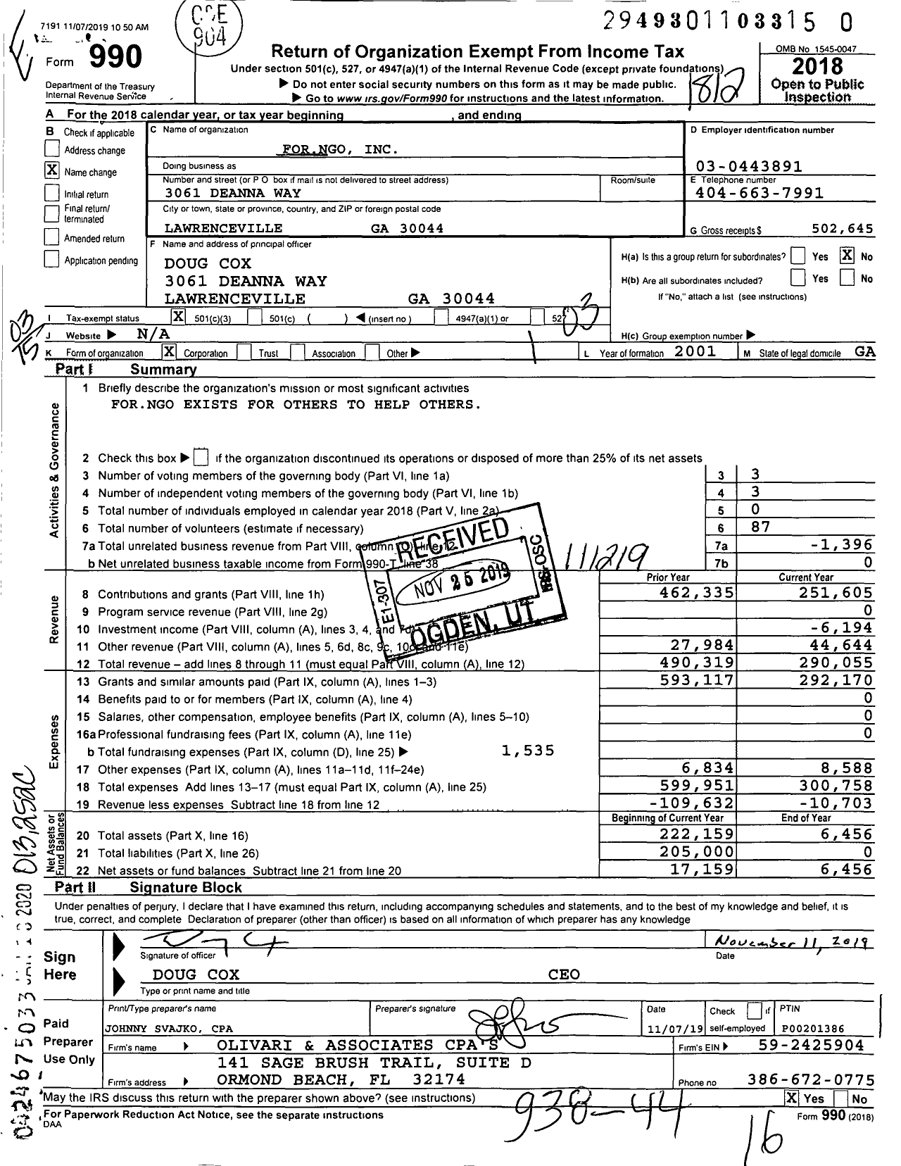 Image of first page of 2018 Form 990 for Forngo