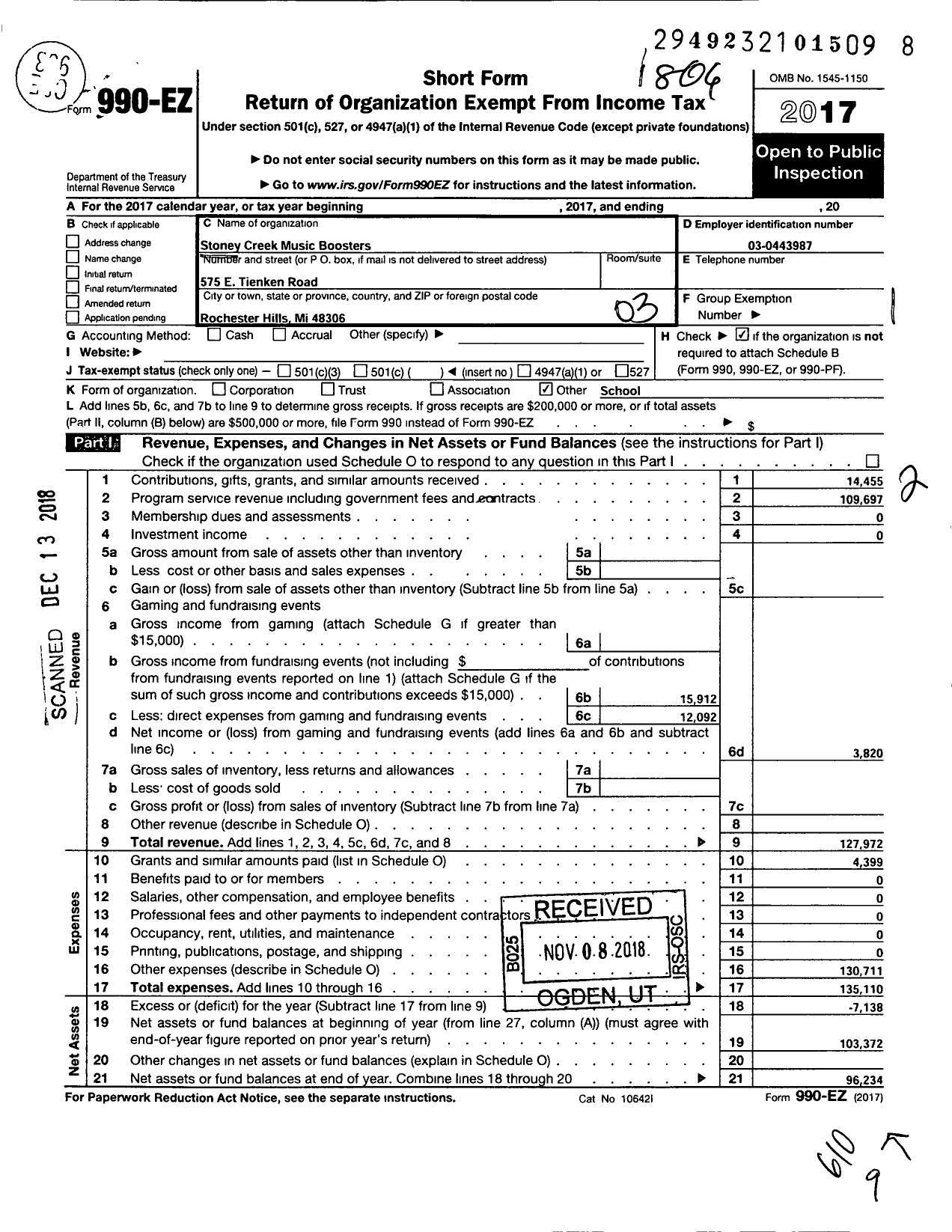 Image of first page of 2017 Form 990EZ for Stoney Creek High School Band Boosters