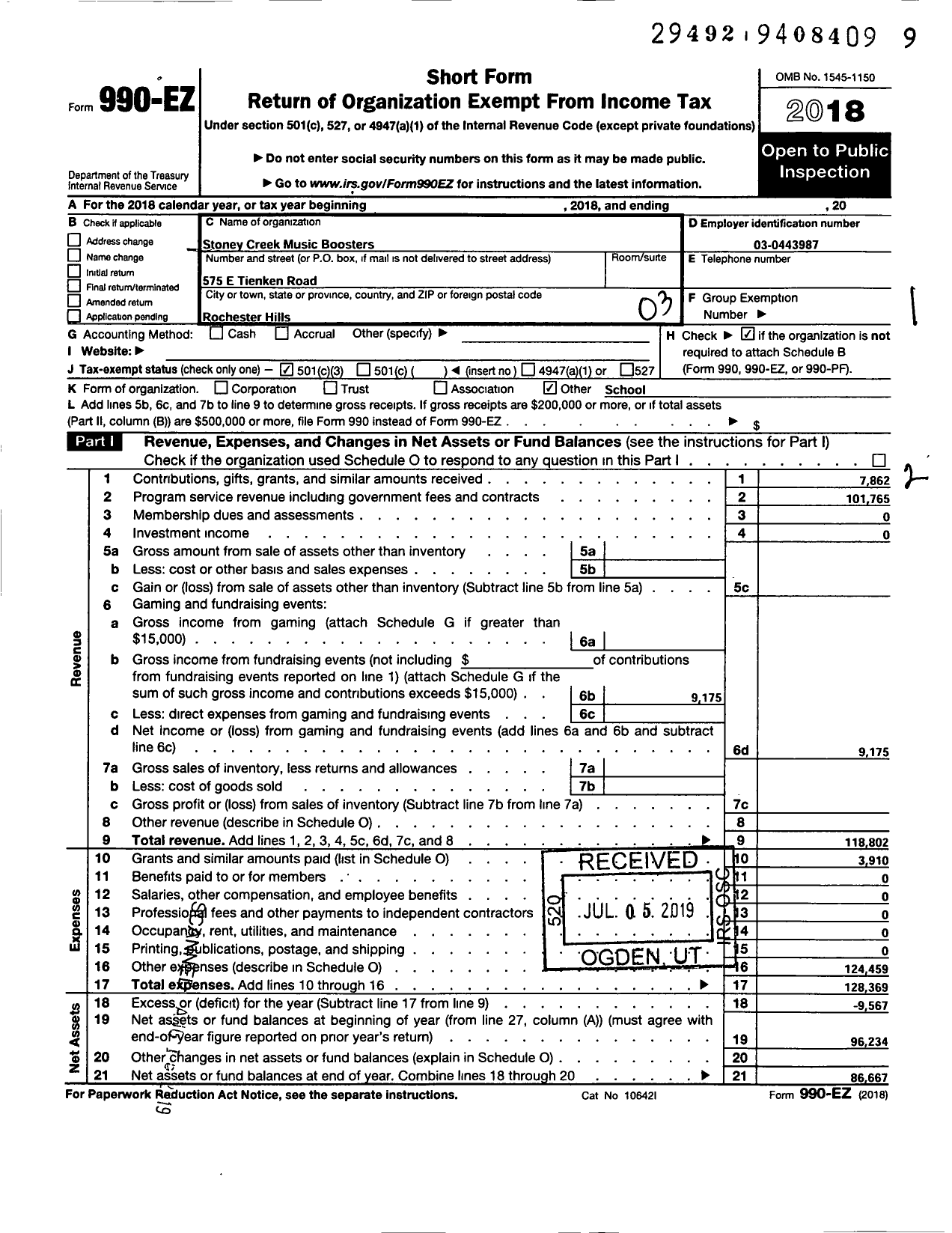 Image of first page of 2018 Form 990EZ for Stoney Creek High School Band Boosters