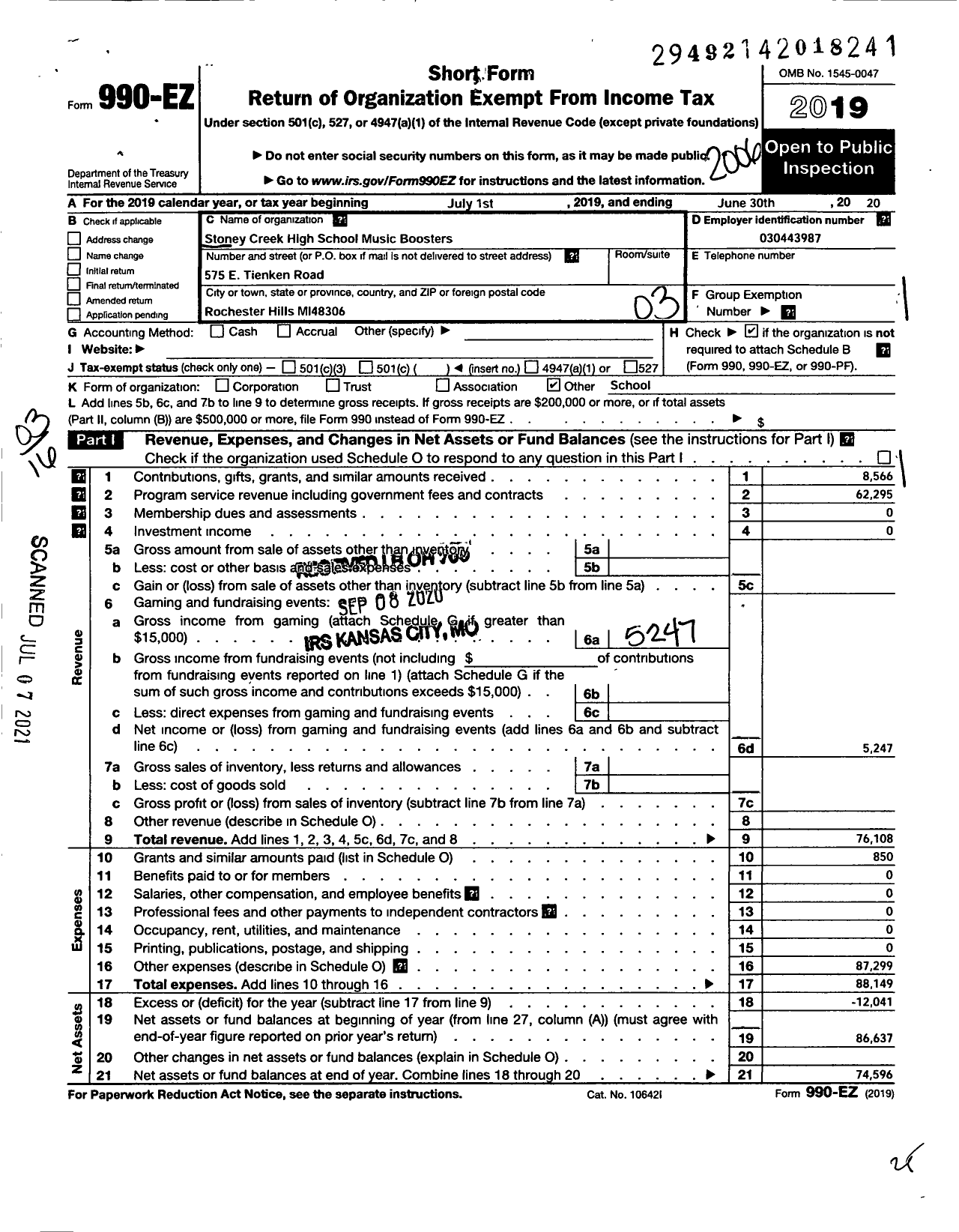 Image of first page of 2019 Form 990EZ for Stoney Creek High School Band Boosters