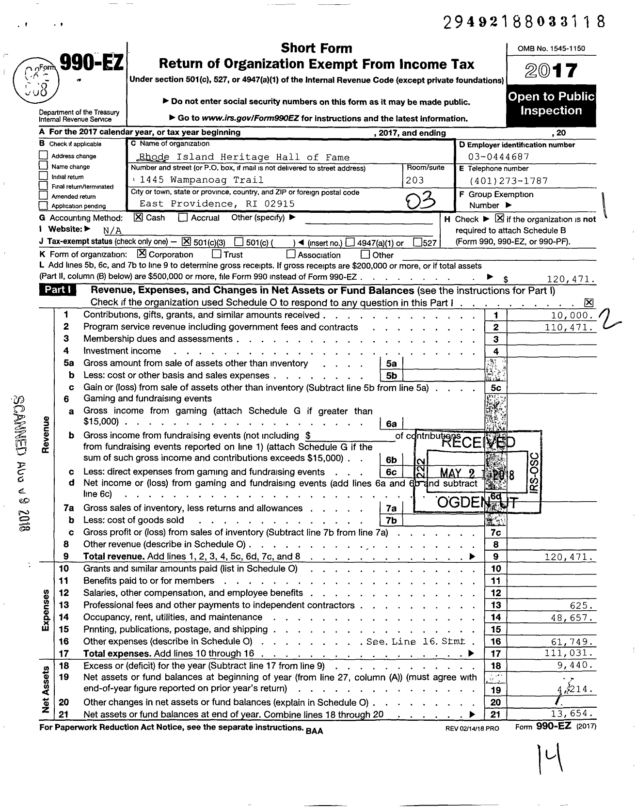 Image of first page of 2017 Form 990EZ for Rhode Island Heritage Hall of Fame