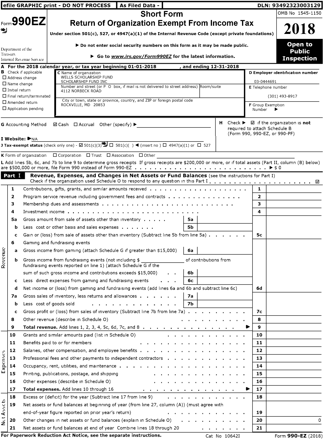 Image of first page of 2018 Form 990EZ for Wells Scholarship Fund Scholarship Fund