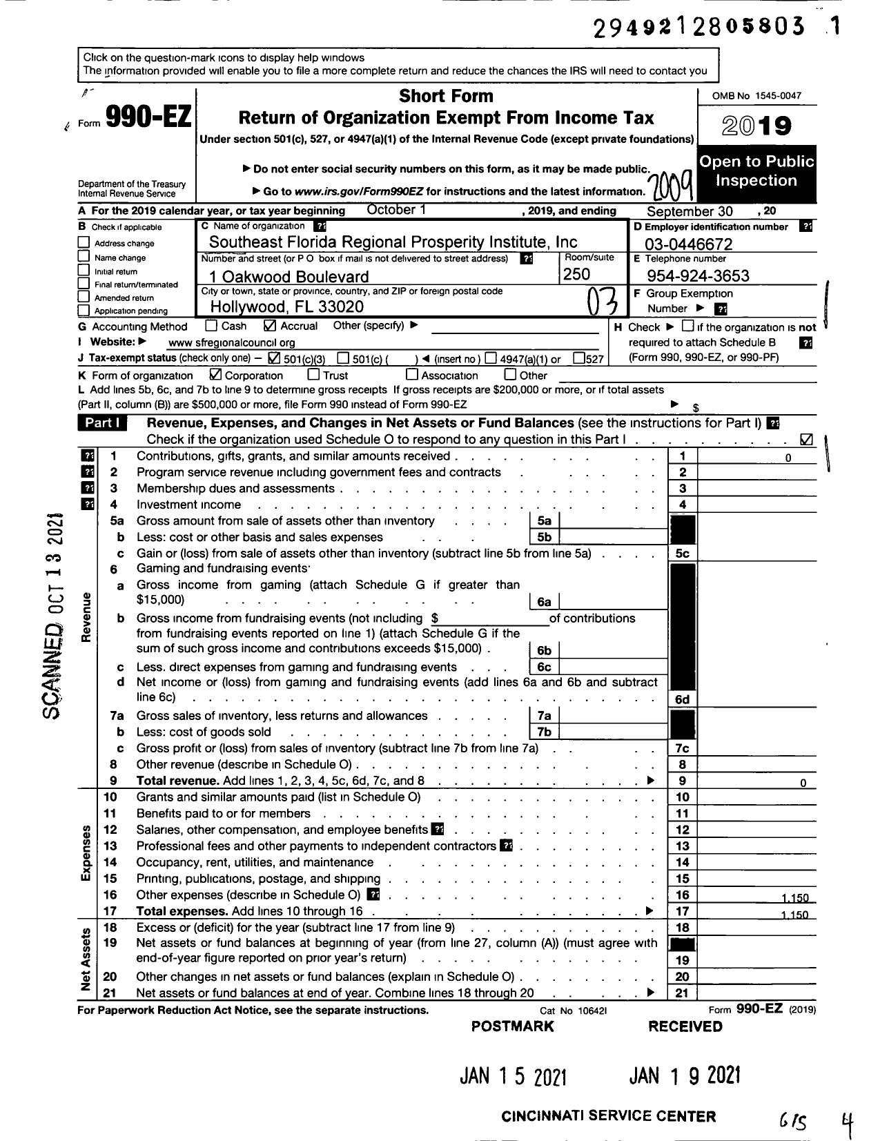 Image of first page of 2019 Form 990EZ for Southeast Florida Regional Prosperity Institute