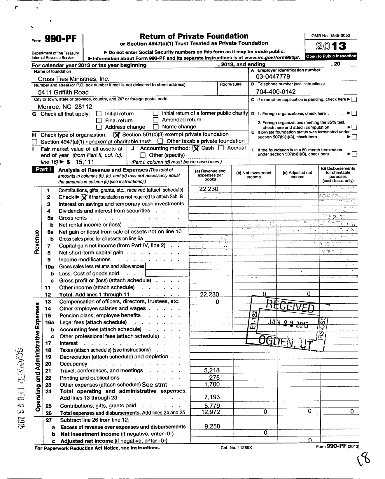 Image of first page of 2013 Form 990PF for Cross Ties Ministries