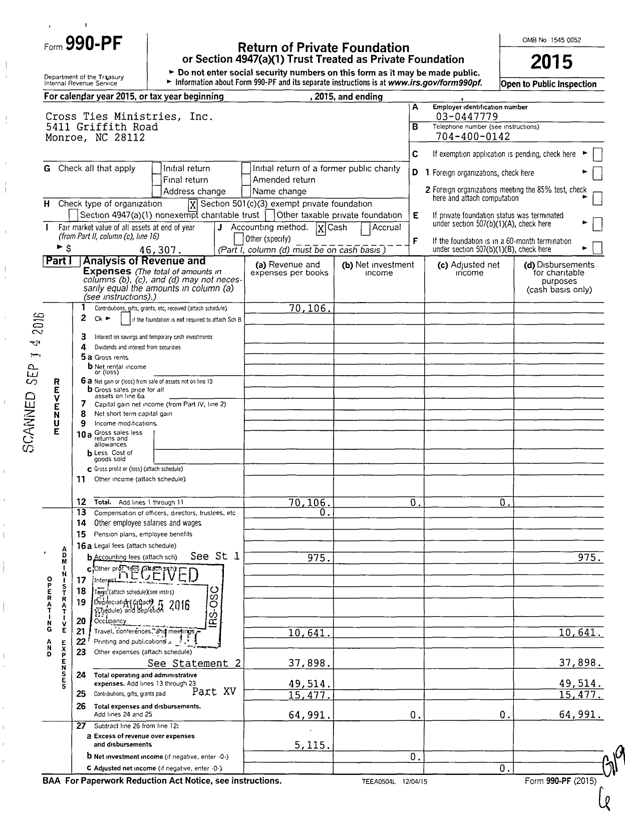 Image of first page of 2015 Form 990PF for Cross Ties Ministries