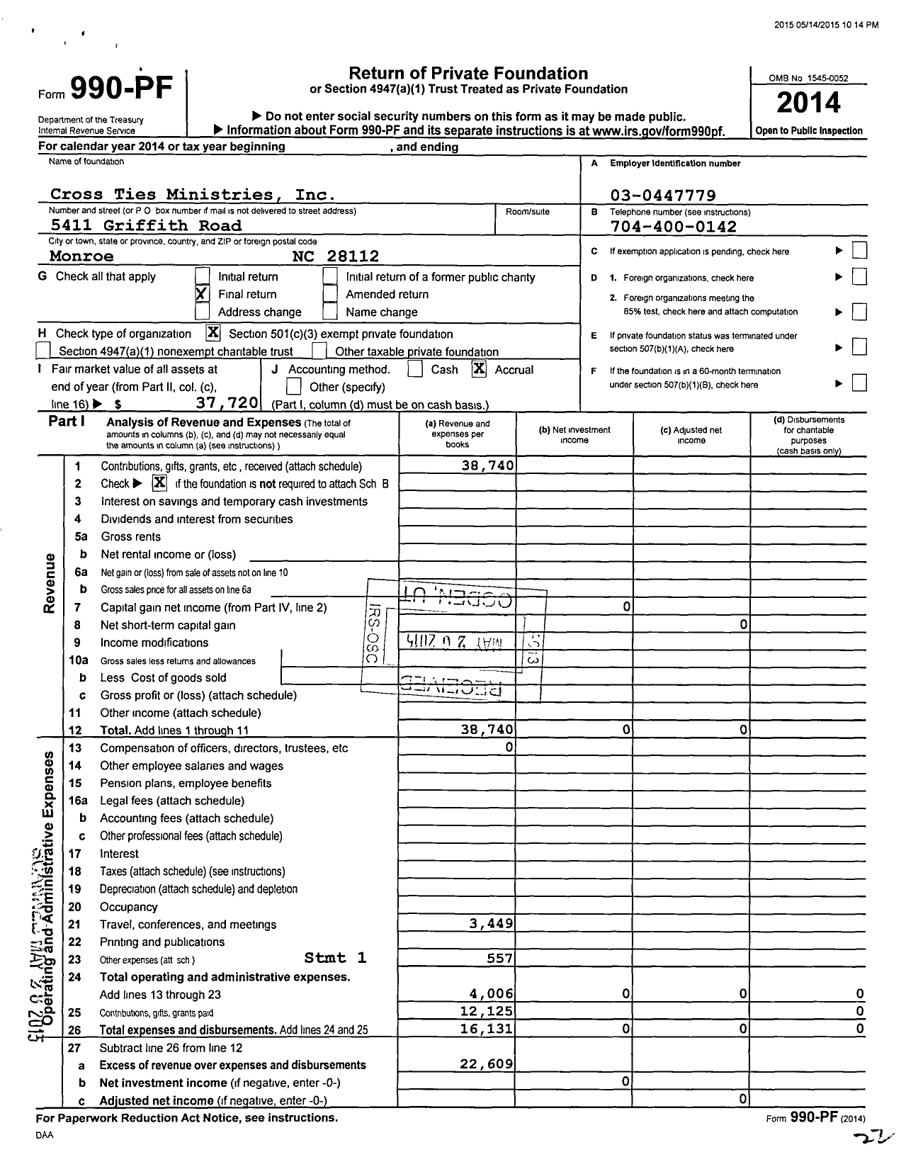 Image of first page of 2014 Form 990PF for Cross Ties Ministries