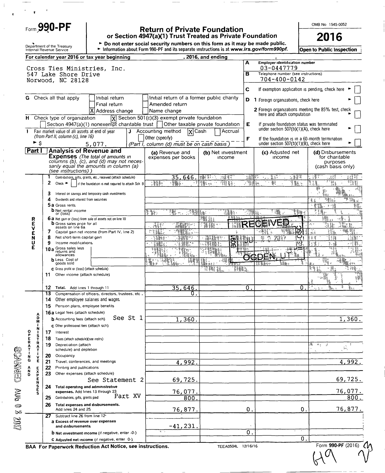 Image of first page of 2016 Form 990PF for Cross Ties Ministries