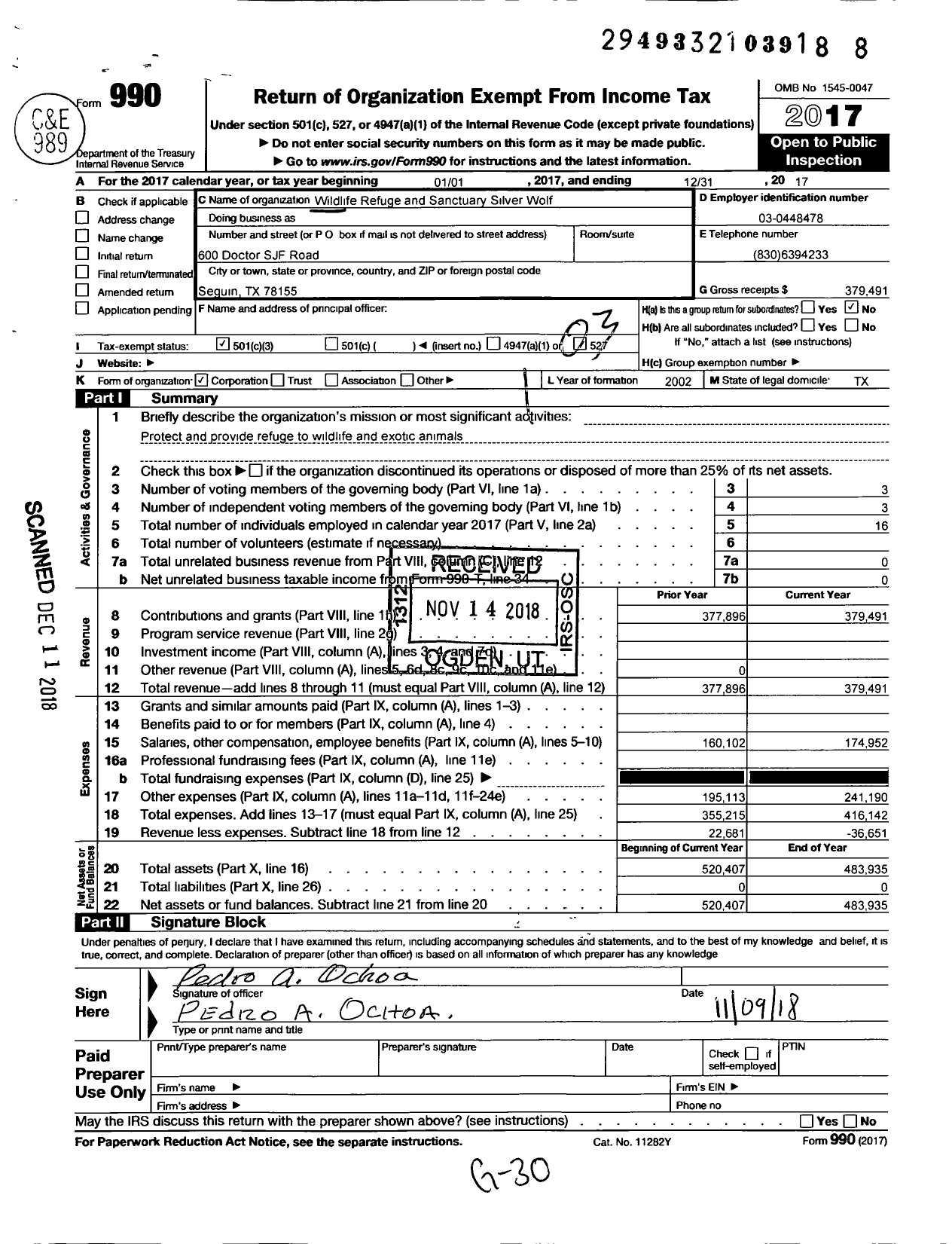 Image of first page of 2017 Form 990 for Wildlife Refuge and Sanctuary Silver Wolf