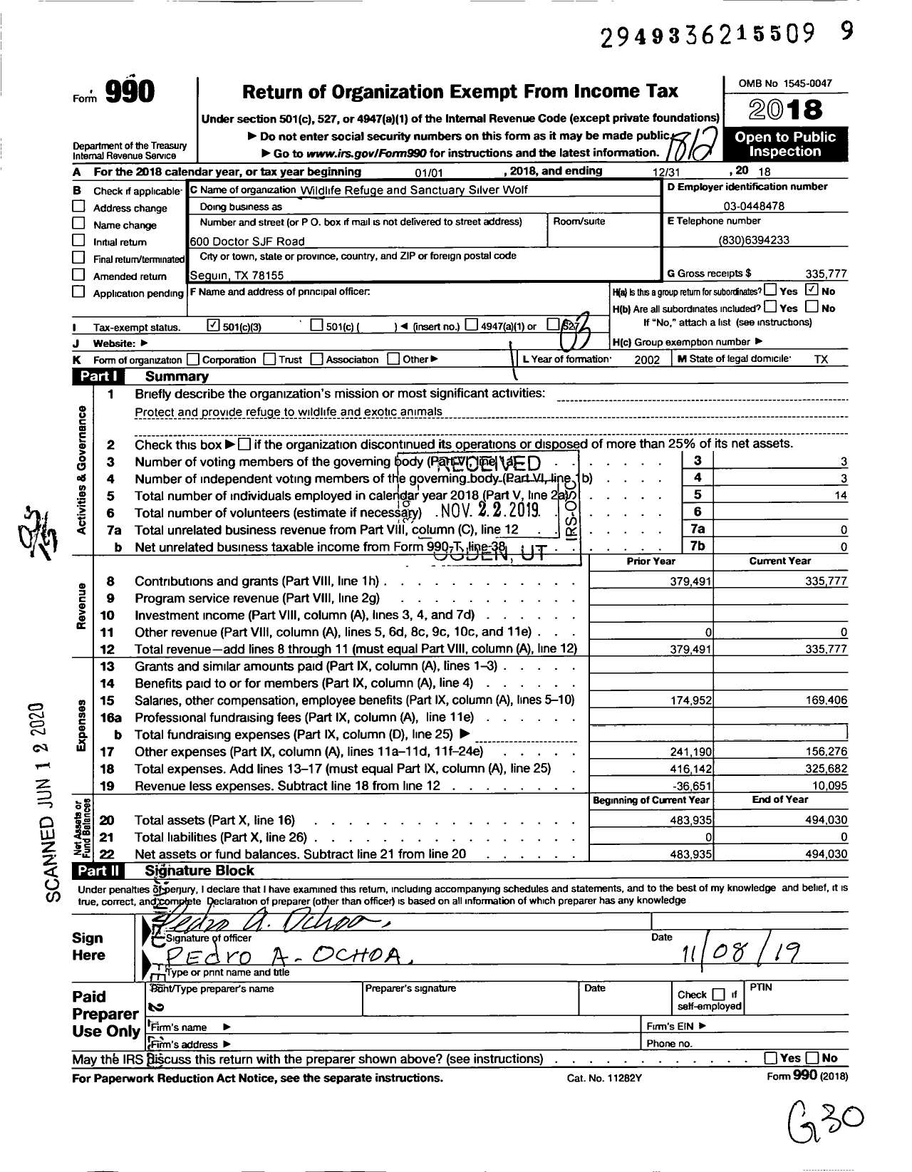 Image of first page of 2018 Form 990 for Wildlife Refuge and Sanctuary Silver Wolf