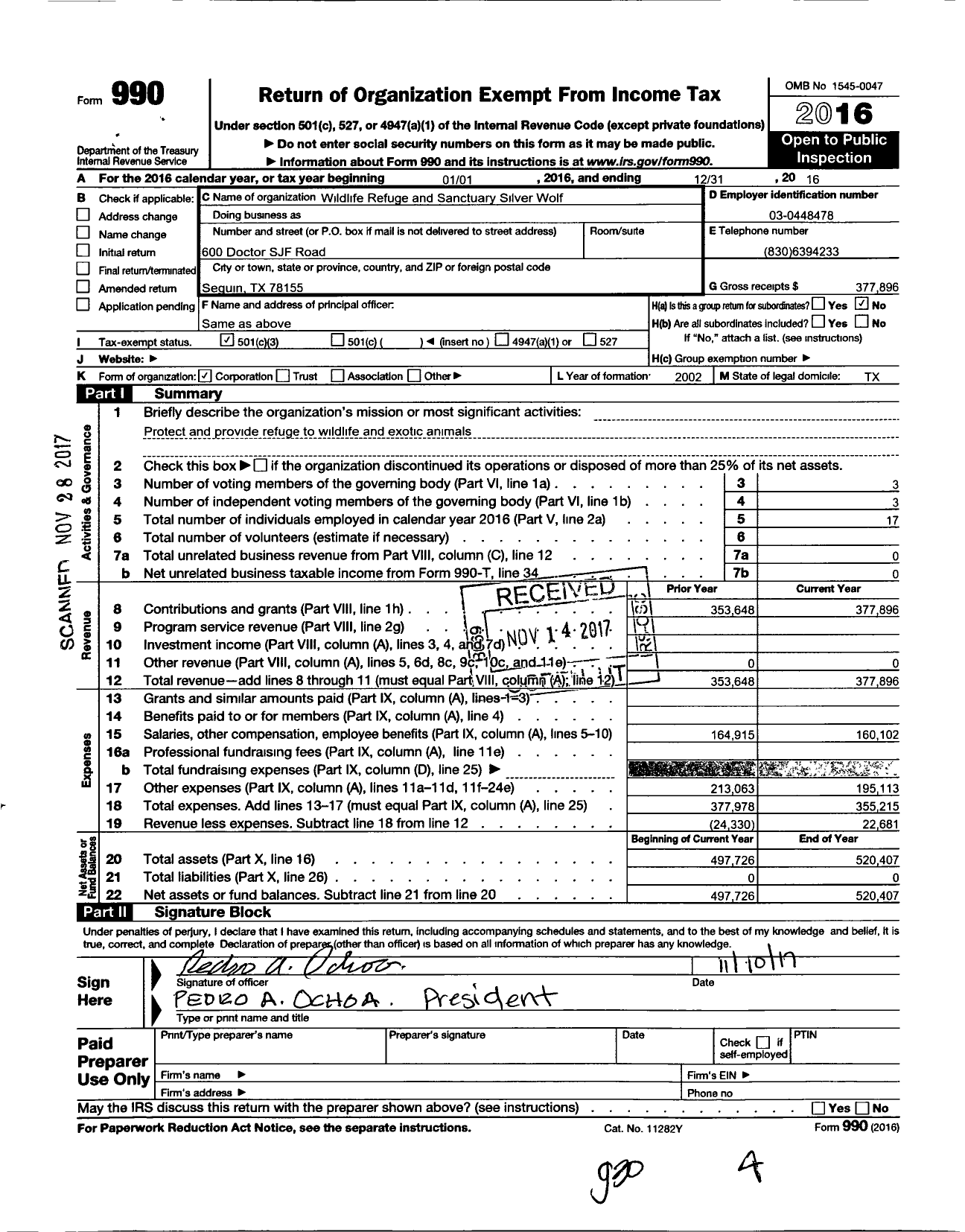 Image of first page of 2016 Form 990 for Wildlife Refuge and Sanctuary Silver Wolf