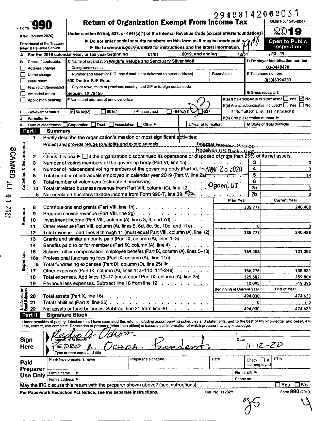 Image of first page of 2019 Form 990 for Wildlife Refuge and Sanctuary Silver Wolf