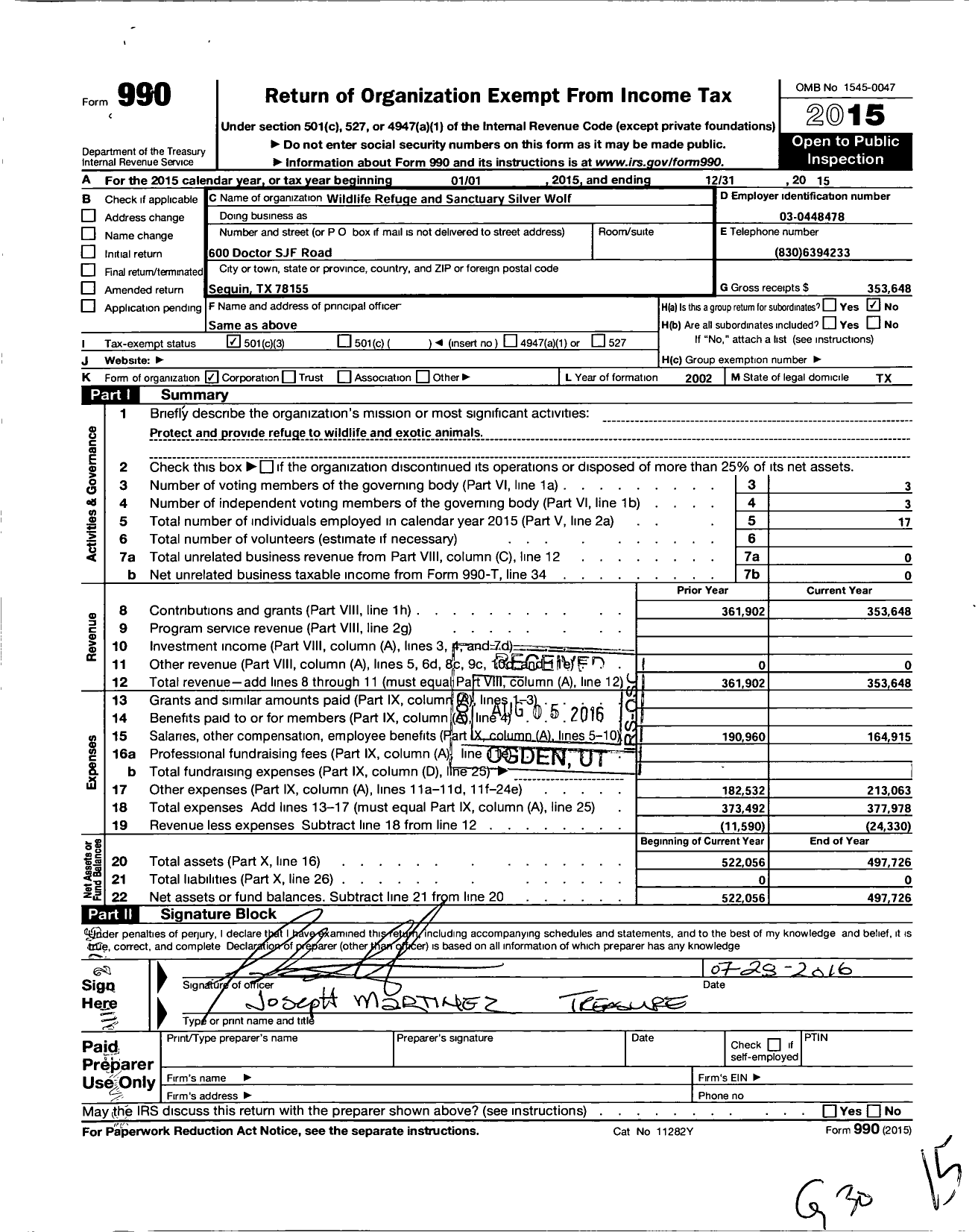 Image of first page of 2015 Form 990 for Wildlife Refuge and Sanctuary Silver Wolf