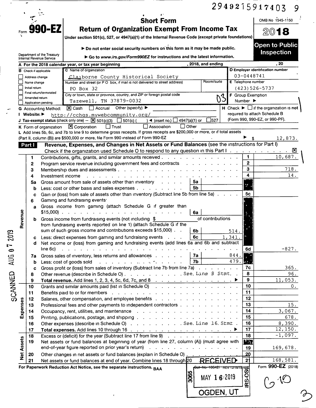 Image of first page of 2018 Form 990EZ for Claiborne County Historical Society