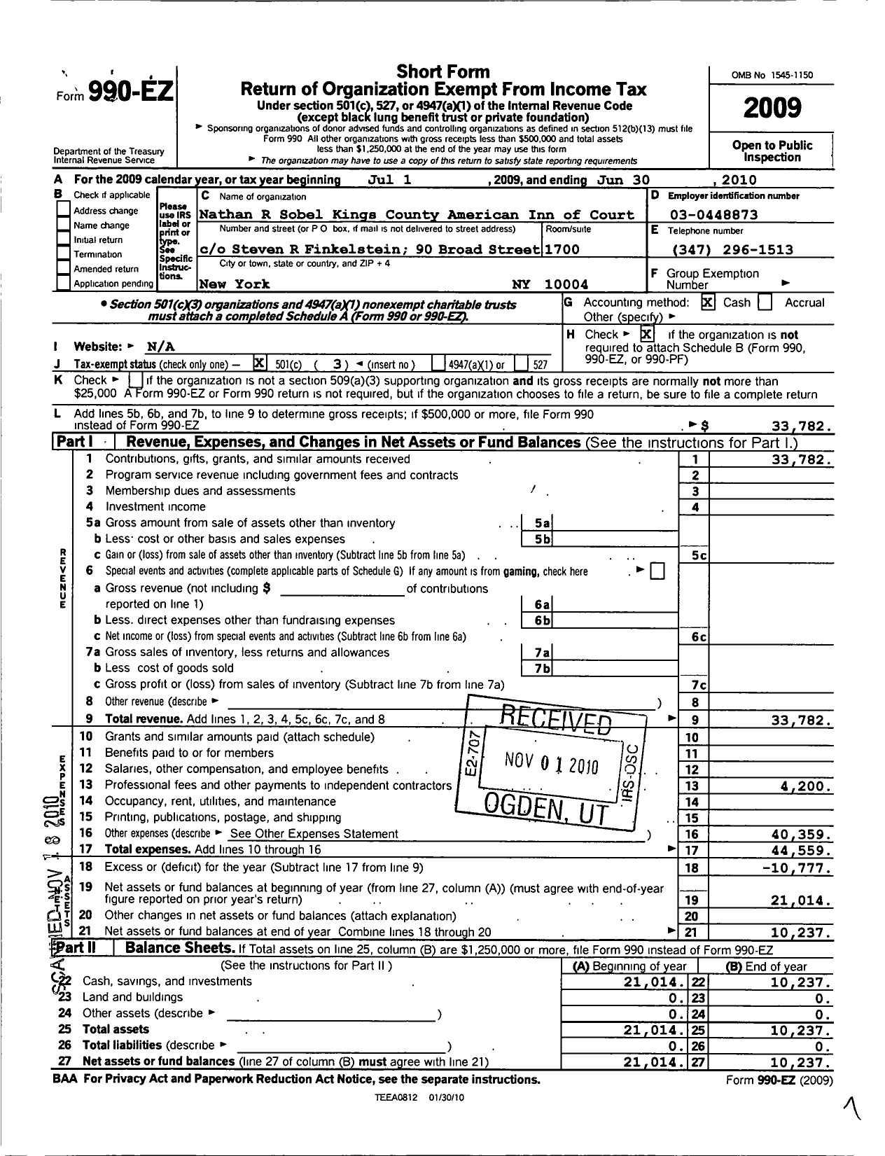 Image of first page of 2009 Form 990EZ for American Inns of Court Foundation - 30350 Nathan R Sobel-Kings County C
