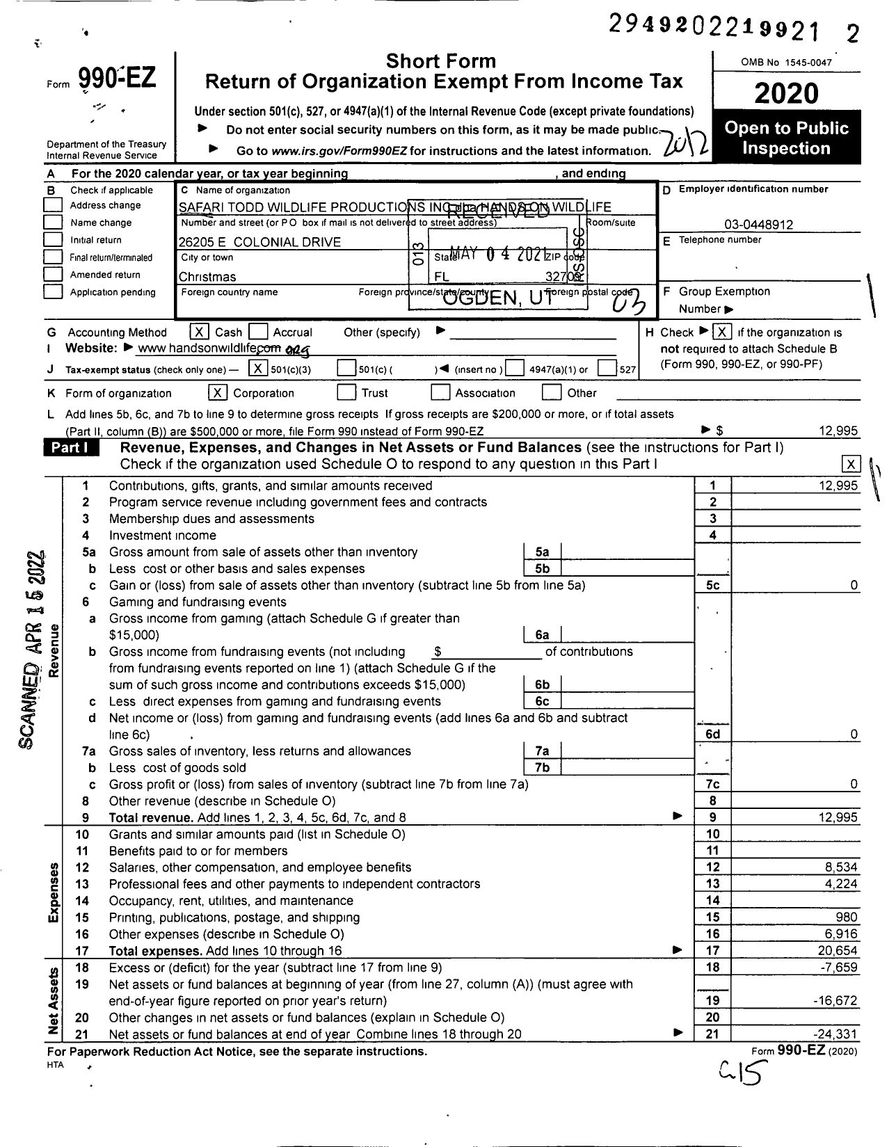 Image of first page of 2020 Form 990EZ for Hands on Wildlife